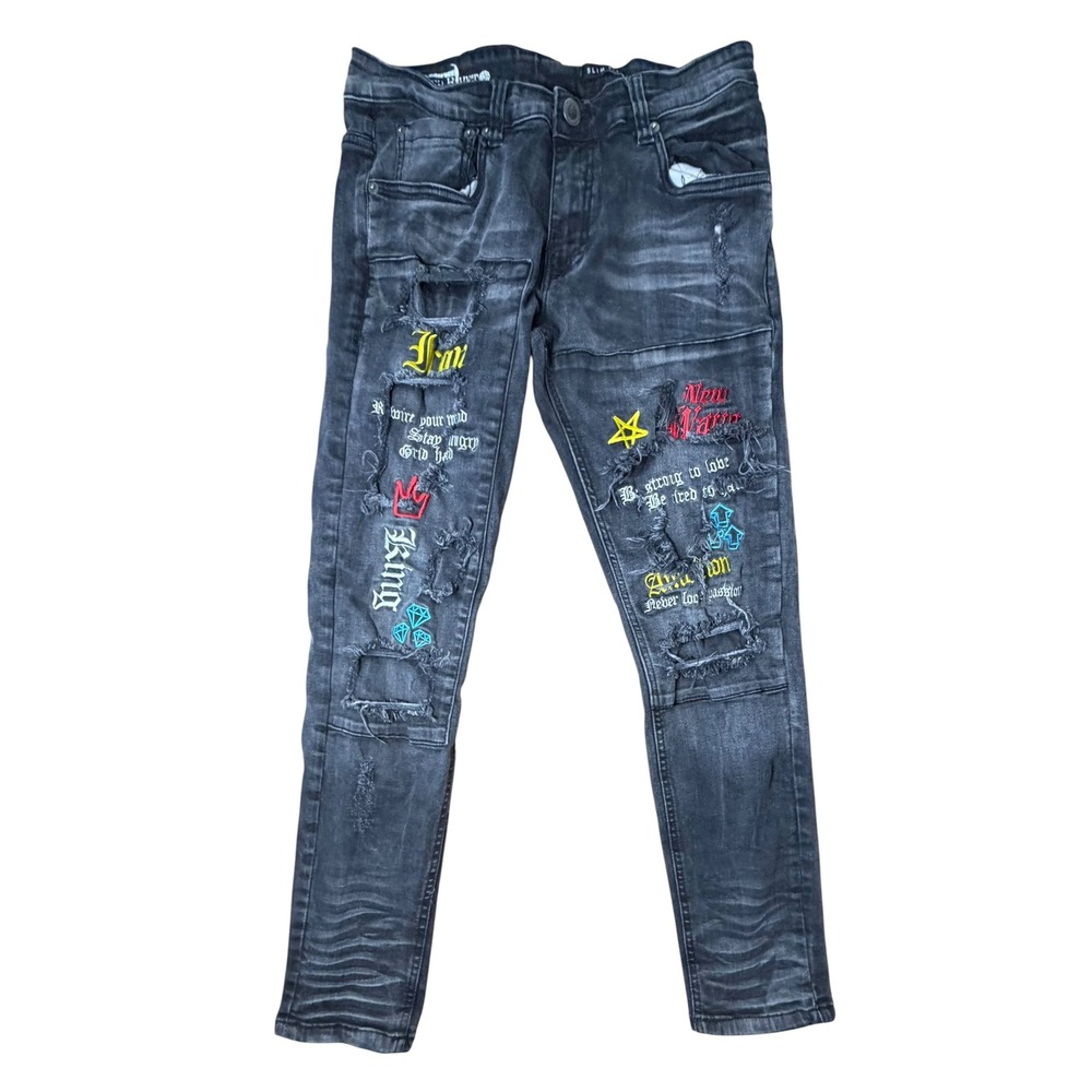 Copper Rivet Mens Slim Fit Distressed Embroidered Black Jeans 32x30 Streetwear